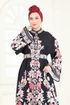 SUAL Etnik Desen Tesettür Elbise 4235JNF844-MS Nar Çiçeği&Siyah - Thumbnail