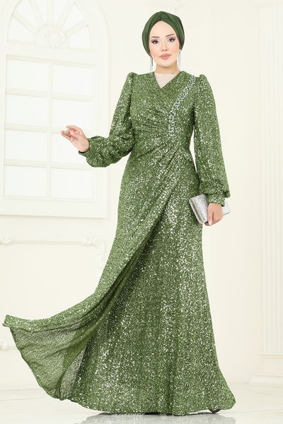 D.M.N. - SUAL Önü Drape Detaylı Abiye 5238D170-MS Haki - 386816