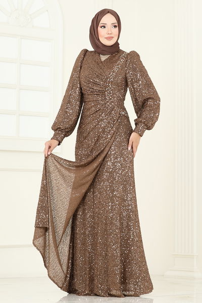 D.M.N. - SUAL Önü Drape Detaylı Abiye 5238D170-MS Koyu Vizyon - 386835