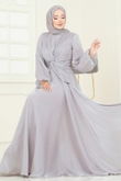 D.M.N. - SUAL Önü Drapeli Şifon Abiye 5286D170-MS Gri