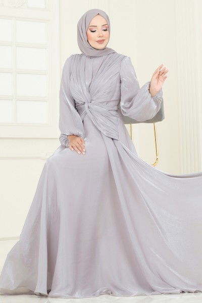 D.M.N. - SUAL Önü Drapeli Şifon Abiye 5286D170-MS Gri