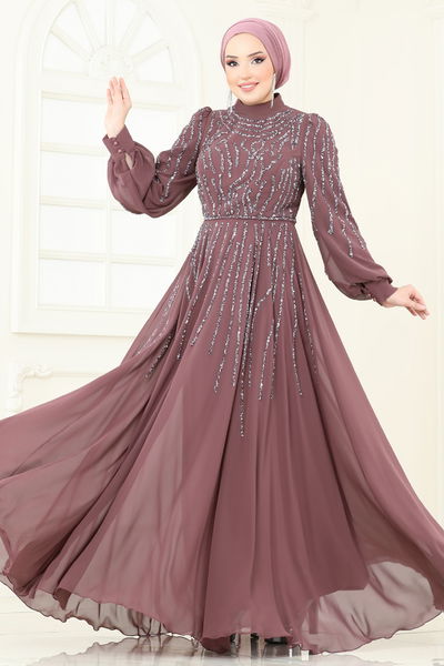 D.M.N. - SUAL Taş Detaylı Abiye 4992D170-MS Koyu Gül Kurusu - 360797