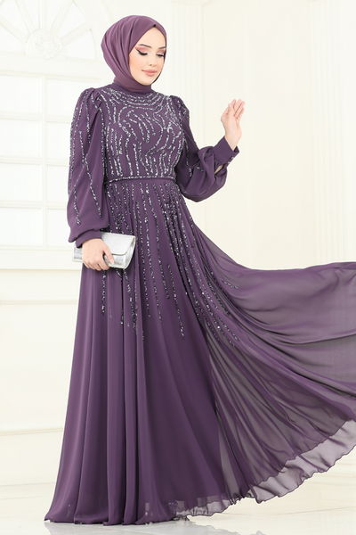 D.M.N. - SUAL Taş Detaylı Abiye 4992D170-MS Koyu Lila - 360785