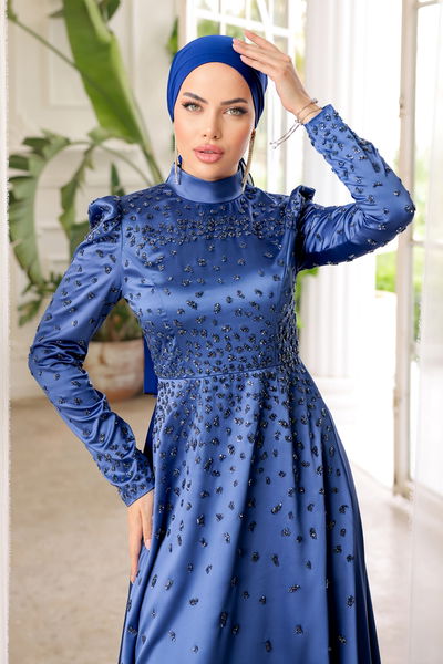 A.Z. - SUAL Taş Detaylı Saten Abiye 015AZ865-MS İndigo - 383632