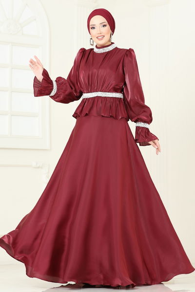 L.P.N. - SUAL Taş İşlemeli Organze Abiye 6324LPN858-MS Bordo - 396366