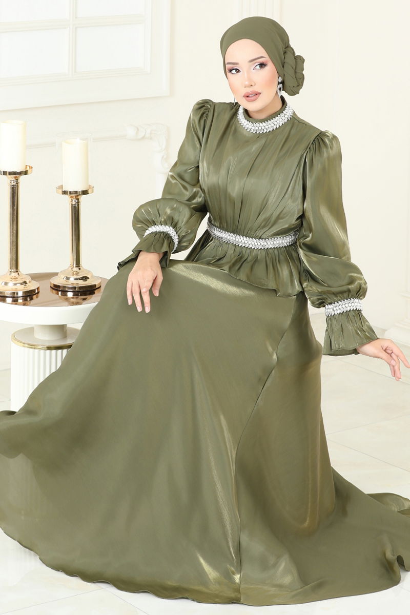 SUAL Taş İşlemeli Organze Abiye 6324LPN858-MS Haki