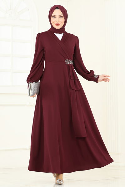 A.S.M. - Taş Detay Abiye Elbise ASM2804-MS Bordo - 361099
