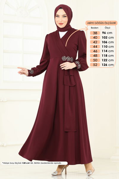 A.S.M. - Taş Detay Abiye Elbise ASM2804-MS Bordo - 361101