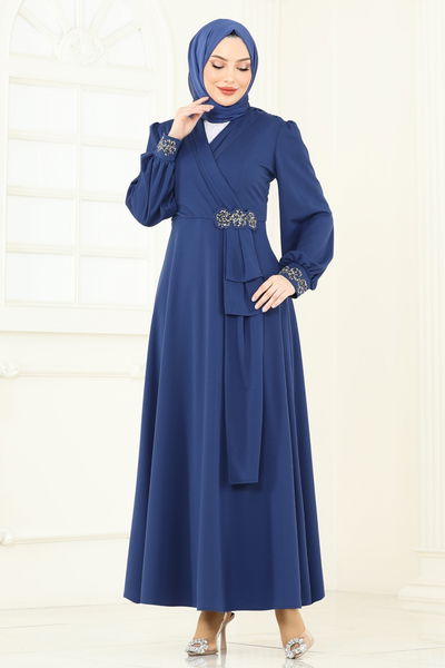 A.S.M. - Taş Detay Abiye Elbise ASM2804-MS İndigo - 361140