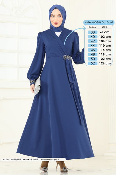 A.S.M. - Taş Detay Abiye Elbise ASM2804-MS İndigo - 361144