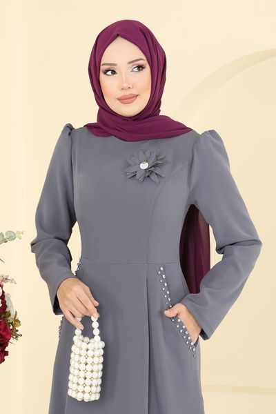 S.L. - Taş Detay Çiçek Aksesuarlı Elbise 2741SL432-MS Antrasit - 404450