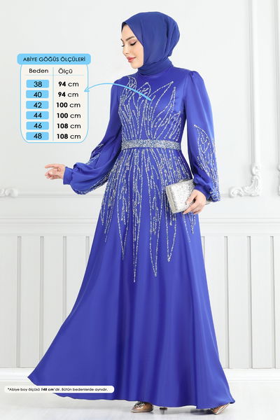 E.D.F. - Taş Detay Saten Abiye 5675EDF311-MS Saks - 363919