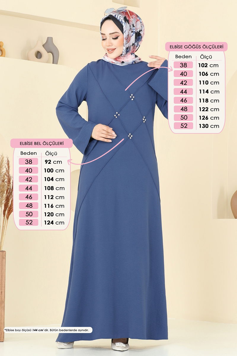 Taş Detay Tesettür Elbise 2650SL432-MS İndigo