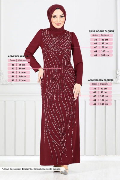 MRV M.D.H. - Taş Detaylı Abiye Elbise 4408MDH1093-M Bordo - 352406