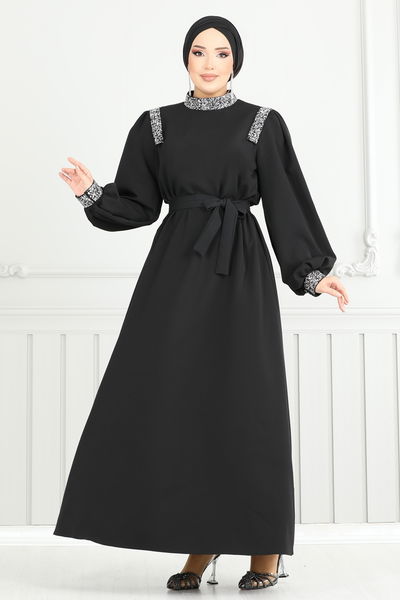 E.D.F. - Taş Detaylı Abiye Elbise 5656EDF311-MS Siyah - 400928