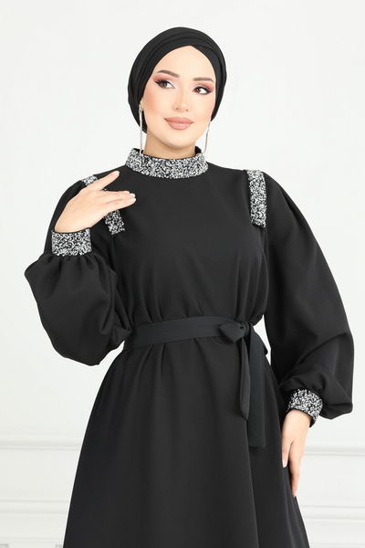 E.D.F. - Taş Detaylı Abiye Elbise 5656EDF311-MS Siyah - 400929
