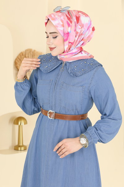 O.R.G. - Taş Detaylı Bebe Yaka Elbise 6141ORG1169-MS Açık Kot - 425963