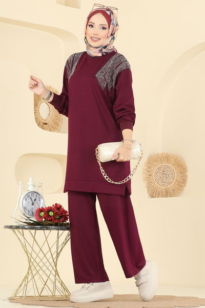 U.Z. - Taş Detaylı İkili Takım 3464UZ662-MS Mürdüm - 413605