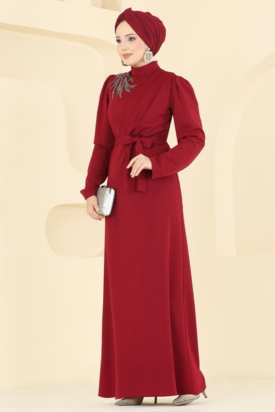 L.V.A. - Taş Detaylı Krep Elbise 0846LVA1173-MS Bordo - 423610