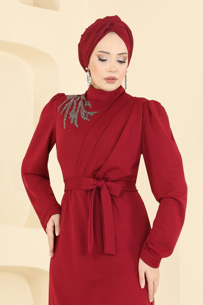 L.V.A. - Taş Detaylı Krep Elbise 0846LVA1173-MS Bordo - 423612