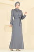 Taş Detaylı Krep Elbise 0846LVA1173-MS Gri - Thumbnail
