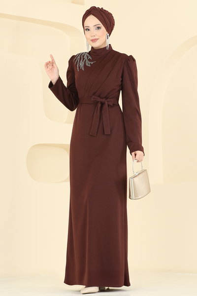 L.V.A. - Taş Detaylı Krep Elbise 0846LVA1173-MS Kahve - 423643