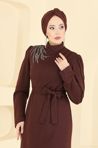 L.V.A. - Taş Detaylı Krep Elbise 0846LVA1173-MS Kahve - 423645