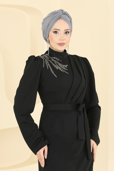 L.V.A. - Taş Detaylı Krep Elbise 0846LVA1173-MS Siyah - 423672