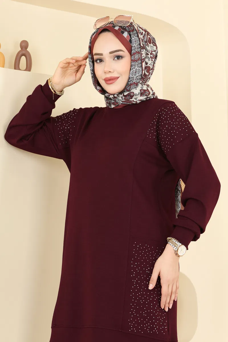 Taş Detaylı Modal Takım 3265HBS856-MS Bordo