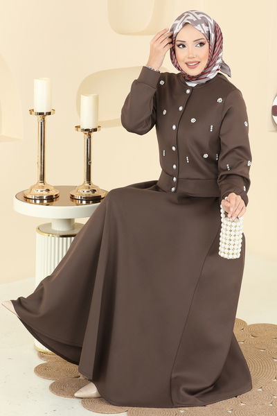 A.N.T. - Taş Detaylı Scuba Takım 1277ANT466-MS Kahve - 413376