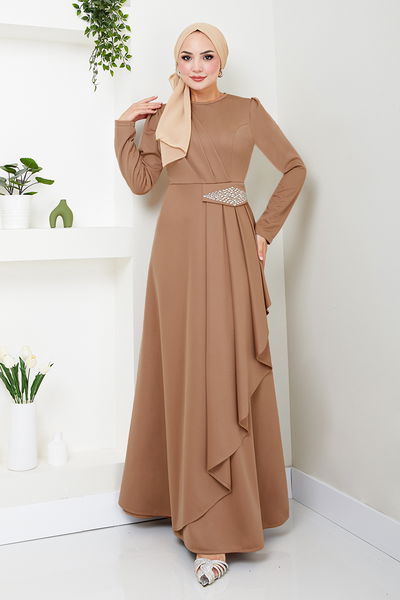 MRV S.L. - Taş Detaylı Tesettür Elbise 5022SL890 Latte - 343254