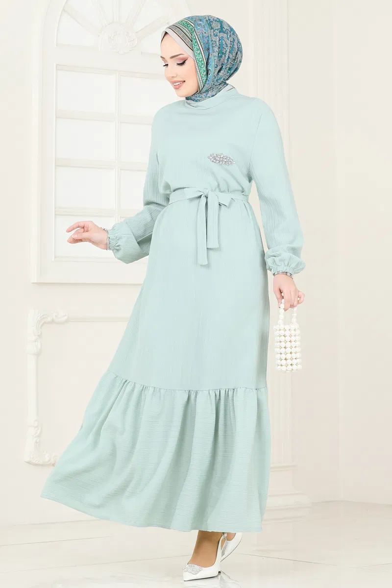 Taş Detaylı Tesettür Elbise 813OZN1046-MS Açık Mint