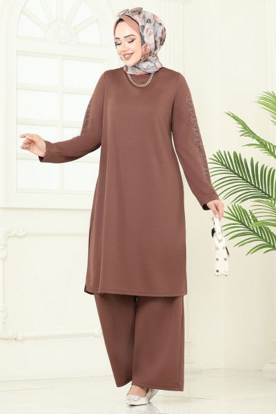 D.V.L. - Taş Detaylı Tesettür Takım 455DVL817-MS Kahve