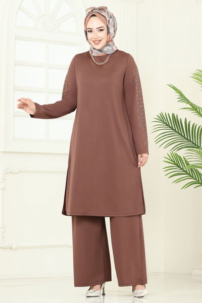 D.V.L. - Taş Detaylı Tesettür Takım 455DVL817-MS Kahve - 377607