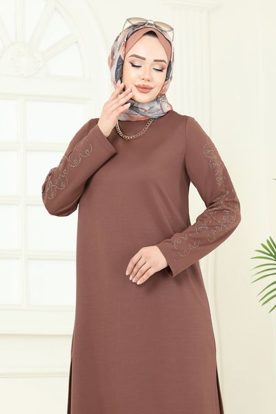 D.V.L. - Taş Detaylı Tesettür Takım 455DVL817-MS Kahve - 377608