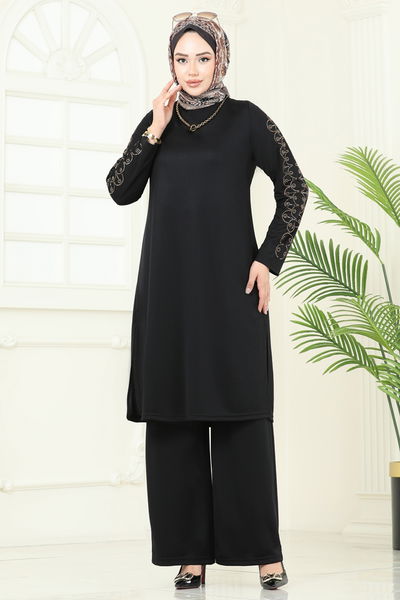 D.V.L. - Taş Detaylı Tesettür Takım 455DVL817-MS Siyah - 377558