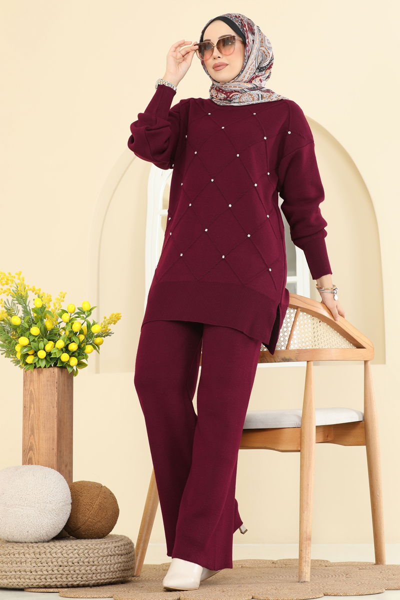 Taş Detaylı Triko Takım 1209MT581-MS Bordo