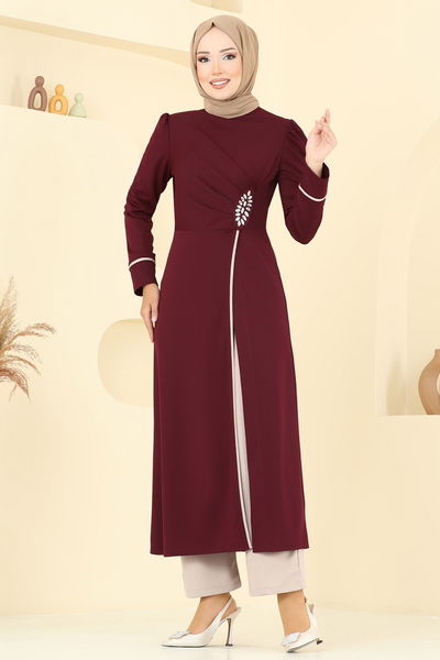 A.S.M. - Taş Detaylı Yırtmaçlı Takım ASM2816-MS Bordo&Vizyon - 361299