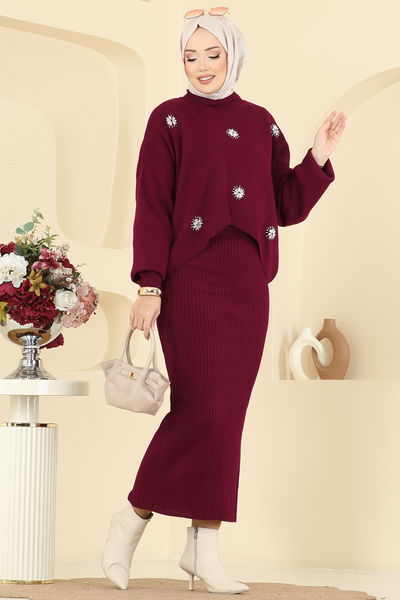 M.T. - Taş İşlemeli Elbiseli Takım 1409MT581-MS Bordo - 415499