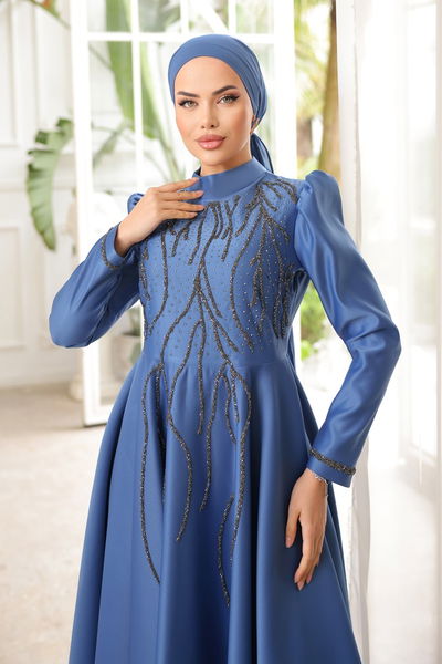 Y.G.S. - Taş İşlemeli Saten Abiye 6357YG95-MS İndigo - 358749