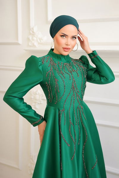 Y.G.S. - Taş İşlemeli Saten Abiye 6357YG95-MS Zümrüt - 358753