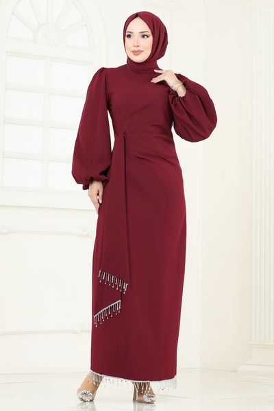B.İ.S.S.K. - Taşlı Abiye Elbise 6225BSK463-MS Bordo - 370603