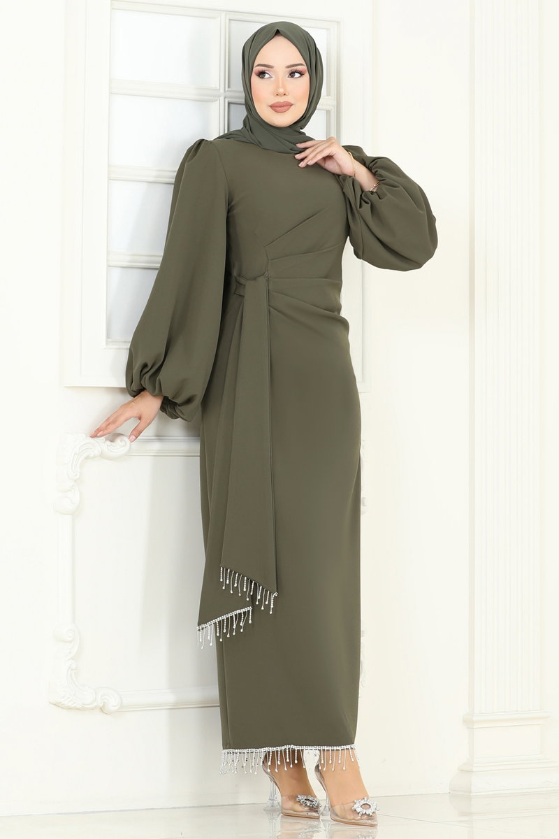 Taşlı Abiye Elbise 6225BSK463-MS Haki