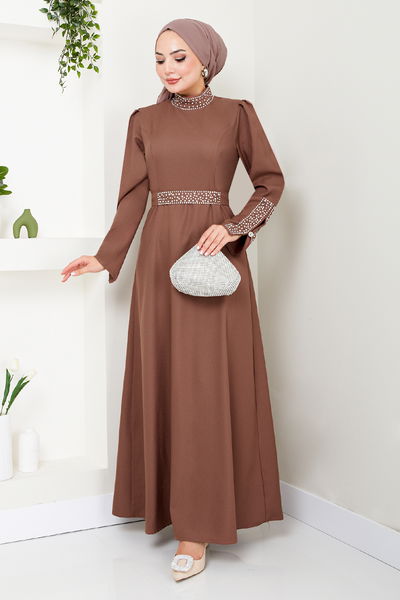 ASN - Taşlı Abiye Elbise ASN174 Gül Kurusu - 342960