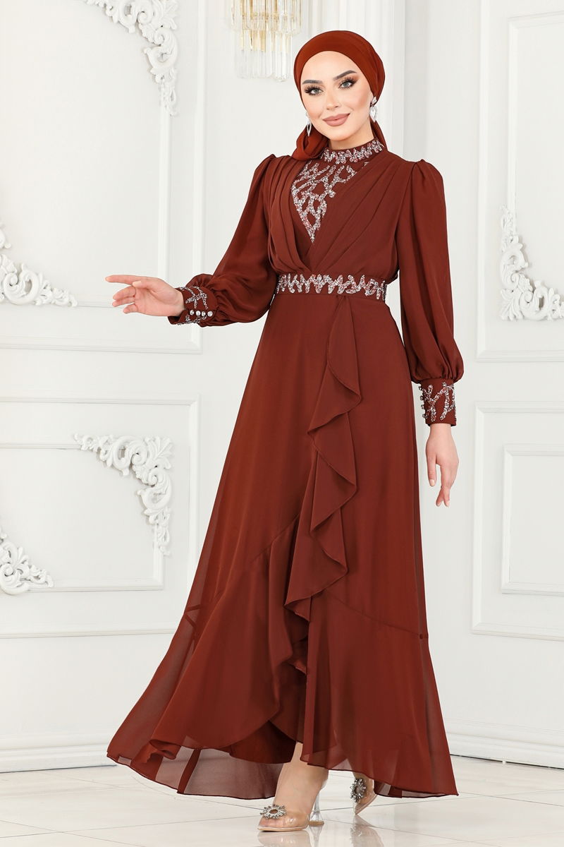 Taşlı Eteği Volanlı Şifon Abiye 5671AB368-MS Bakır