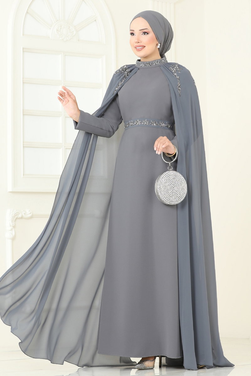 Taşlı Pelerinli Şifon Abiye 8073AB368-MS Koyu Gri