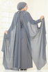 Taşlı Pelerinli Şifon Abiye 8073AB368-MS Koyu Gri - Thumbnail