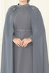 Taşlı Pelerinli Şifon Abiye 8073AB368-MS Koyu Gri - Thumbnail