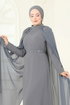 Taşlı Pelerinli Şifon Abiye 8073AB368-MS Koyu Gri - Thumbnail