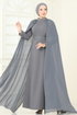 Taşlı Pelerinli Şifon Abiye 8073AB368-MS Koyu Gri - Thumbnail